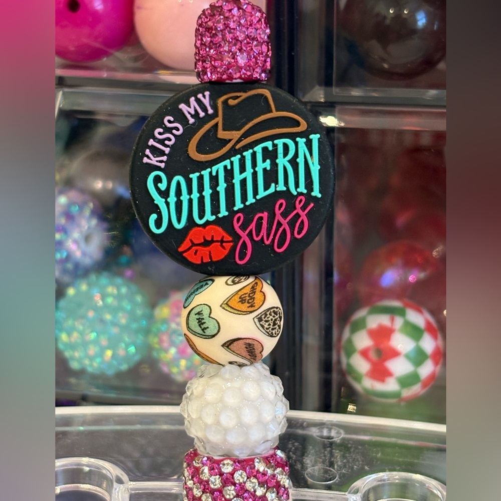 Handcrafted Kiss My Southern Sass Beaded Pen- Black with Teal & Pink